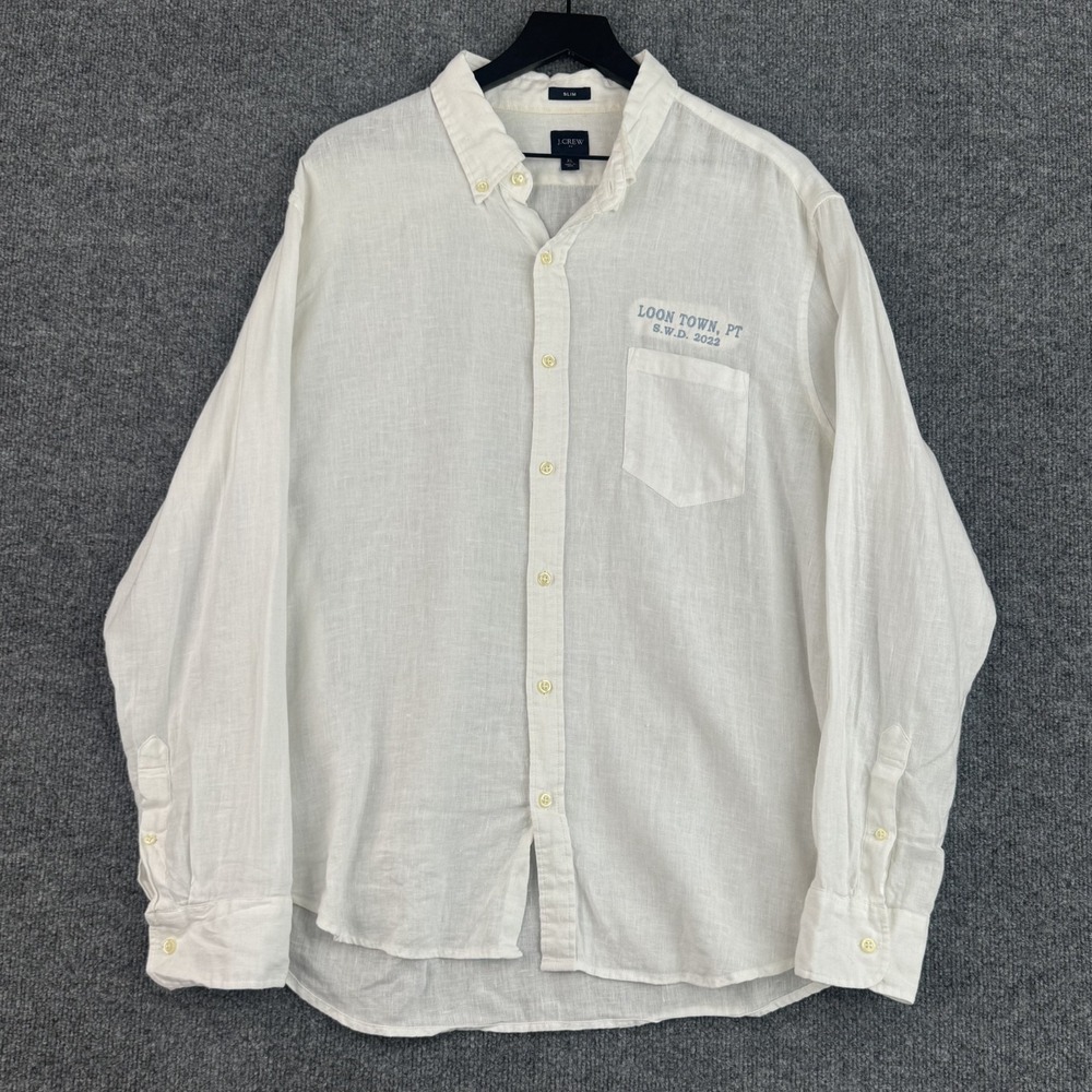 J Crew Linen Button Down Shirt Mens XL White Slim Fit Casual Old Money Embroided